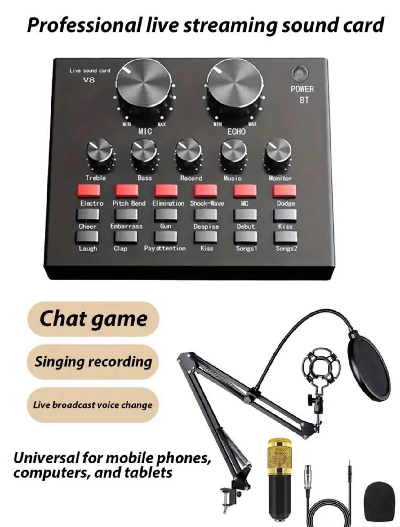 NEW Full Set Black/Silver/Gold Color Professional BM800 Condenser Wireless Microphone Kit with V8 Sound Card Mixer Controller Set Live Streaming Mic Podcast Tools Set