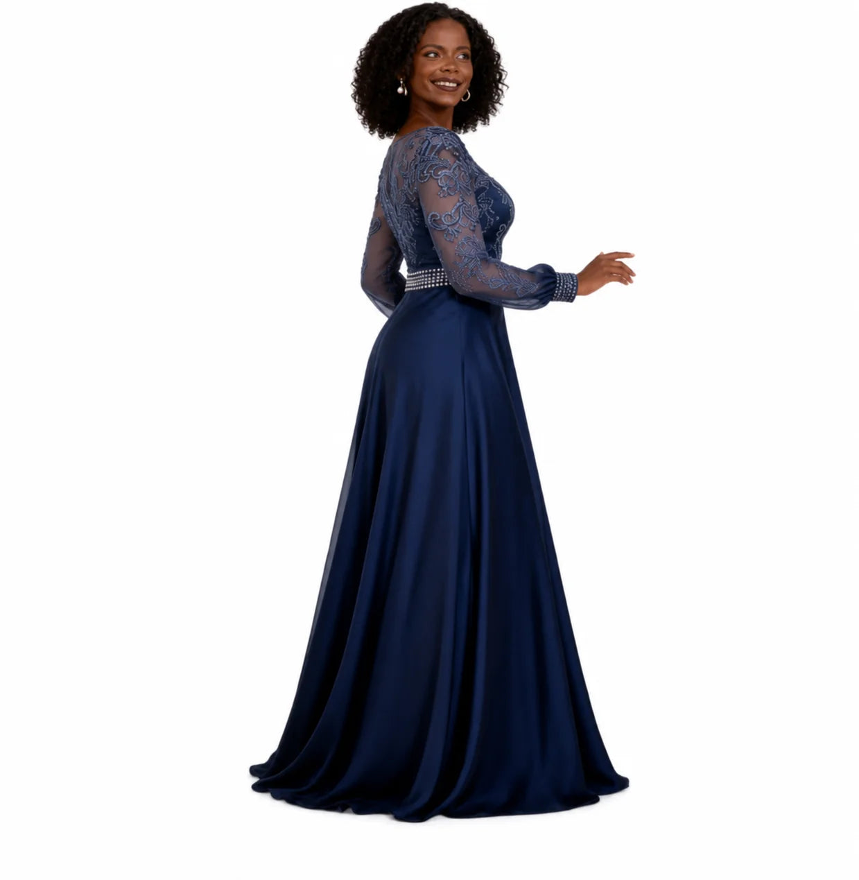 Mother of Bride Customizable Color Luxury Elegant Long Sleeve Elastic Satin Wedding Party Dresses Opera Concerts Celebrities Red Carpet Long Dress with Embroidered Lace and Beaded Waist Ladies Luxury Apparel Supplies