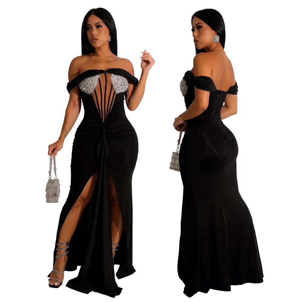 New S-2XL New Products  Elegant Sexy Women Clothing Off Shoulder Sequin Party Prom Irregular Evening Slit Maxi Dress