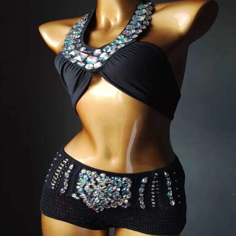 Sexy Bikini Set Diamond Rhinestone Swimwear Push Up Handmade Crochet Bathing Suit High Waist Swimsuit