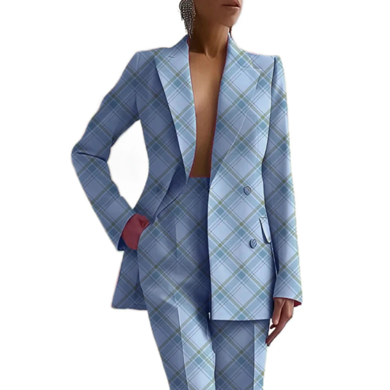Boutique HOT SALE New Italian Fashion S-2XL 8 Colors Casual Career Double Breasted Long Sleeve Suit Jacket Long Pants Women's Luxury Blazer Top Quality Office Lady Business Dinner Suit Ladies Clothing Supplies.