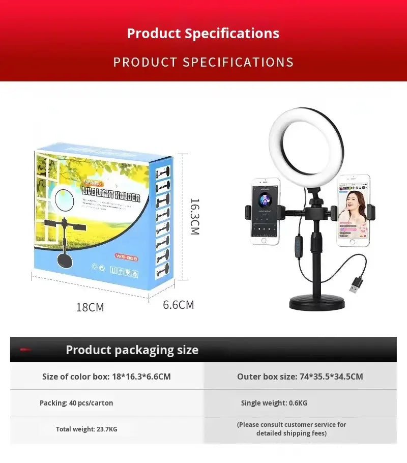 2 Phones Holder Portable Retractable Desktop Ring Light with Dual Phone Clip, Dimmable 6" LED Fill Light Stand for Live Streaming & Selfie TikTok YouTube Video Maker Vlog Social Media Tools Set