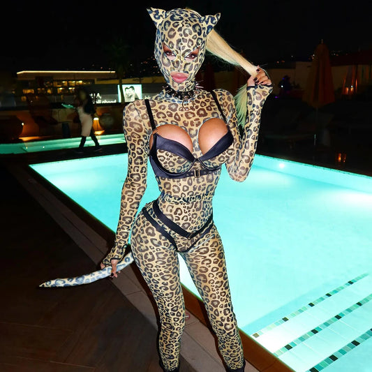 Sexy Women Lingerie Hot Cosplay Hollow Out Leopard Long Sleeve Pants Set Fetish Party Costume with Headgear Kit 5 Pieces