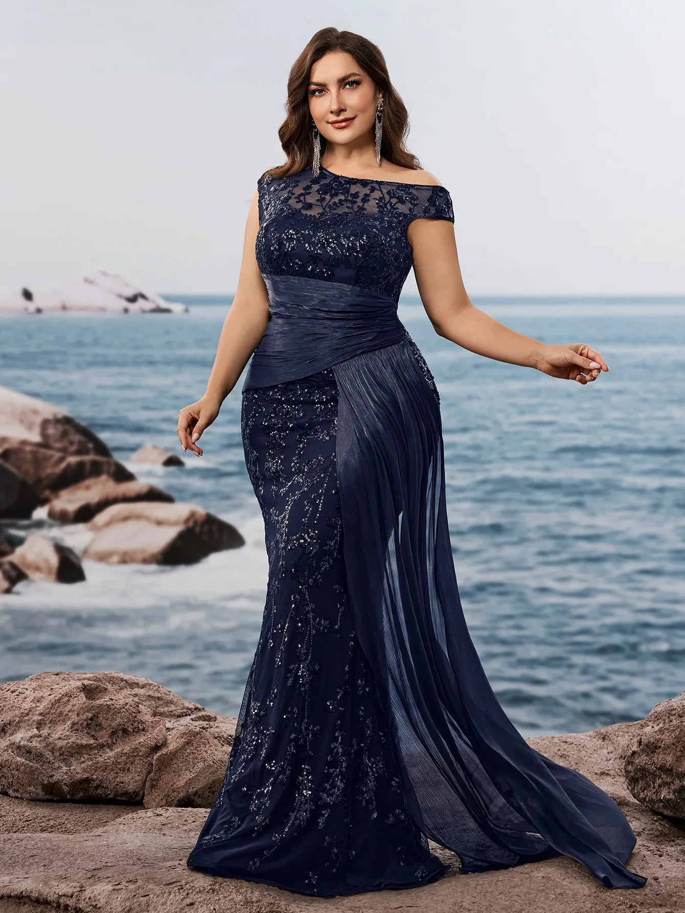 NEW Arrivals 5 Colors XL-4XL Plus Size Trendy Gowns for Curvy Ladies  Evening Party Wedding Guest Luxury Dresses High Waist One-Shoulder Sequined Elegant Mermaid Bridesmaid Dresses