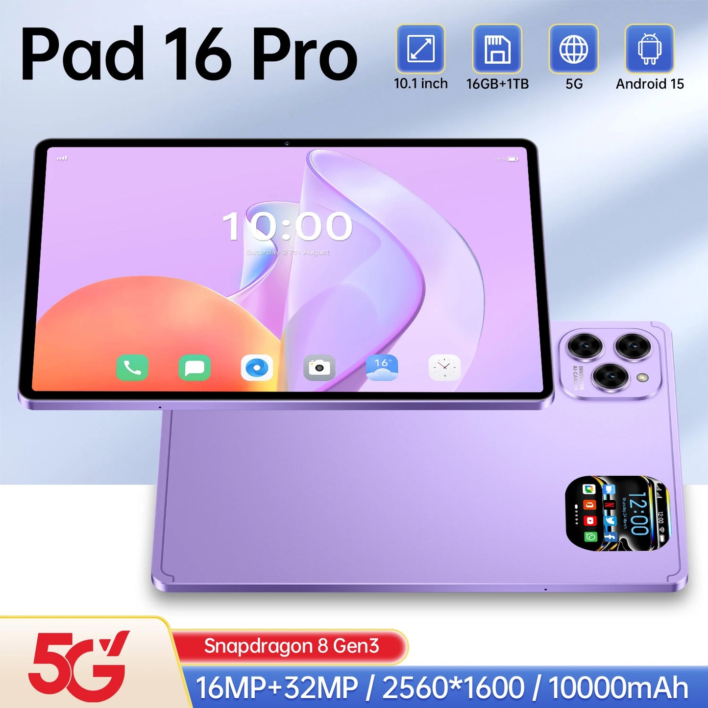 NEW Design Pad 16 PRO 16GB+1TB 5G Smart Tablet 10.1 Inch High Resolution Capacitive Touch Screen 10000mAh Battery
