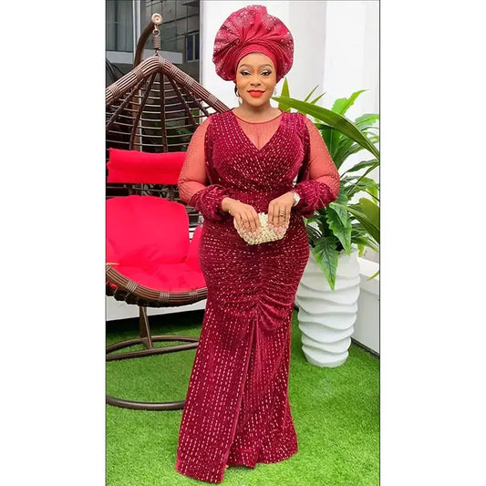 Black/Blue/Red Color Luxury African Women Luxury Maxi Dress for Women Elegant Sequins Lady Wedding Guest Evening Prom Birthday Party Dress Sexy Bodycon Formal Gown Plus Size African Ladies Luxury Apparel Supplies