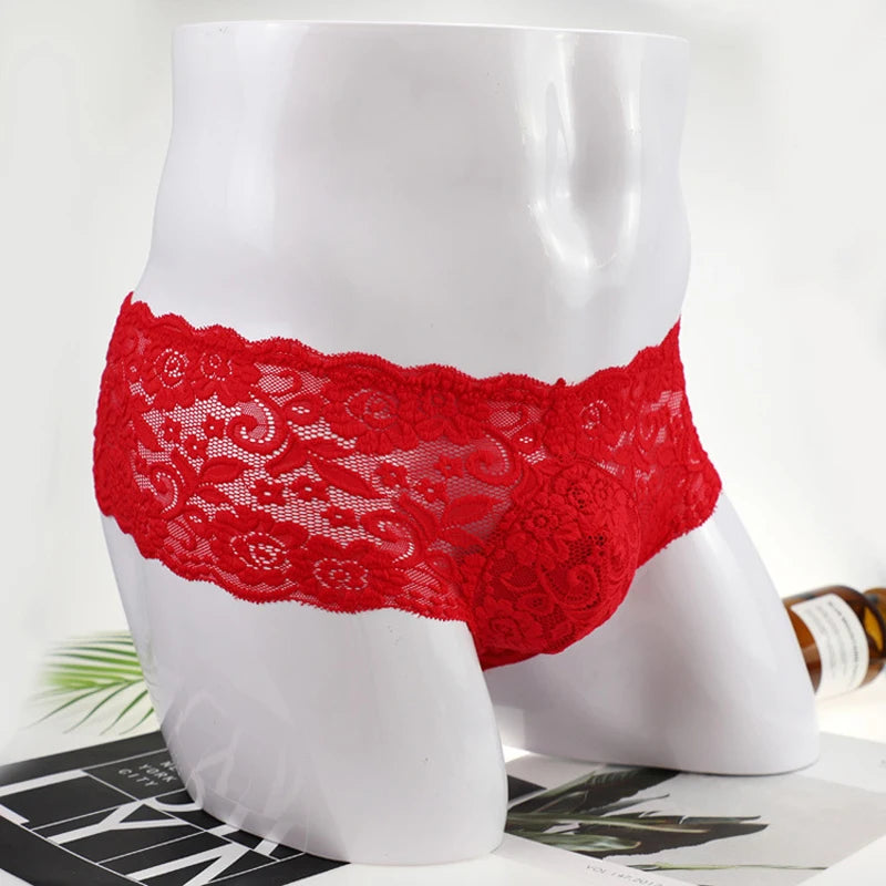 Men Sexy Underwear Lace Flower Small Boxer Shorts Underpants Red Black  M,L,XL