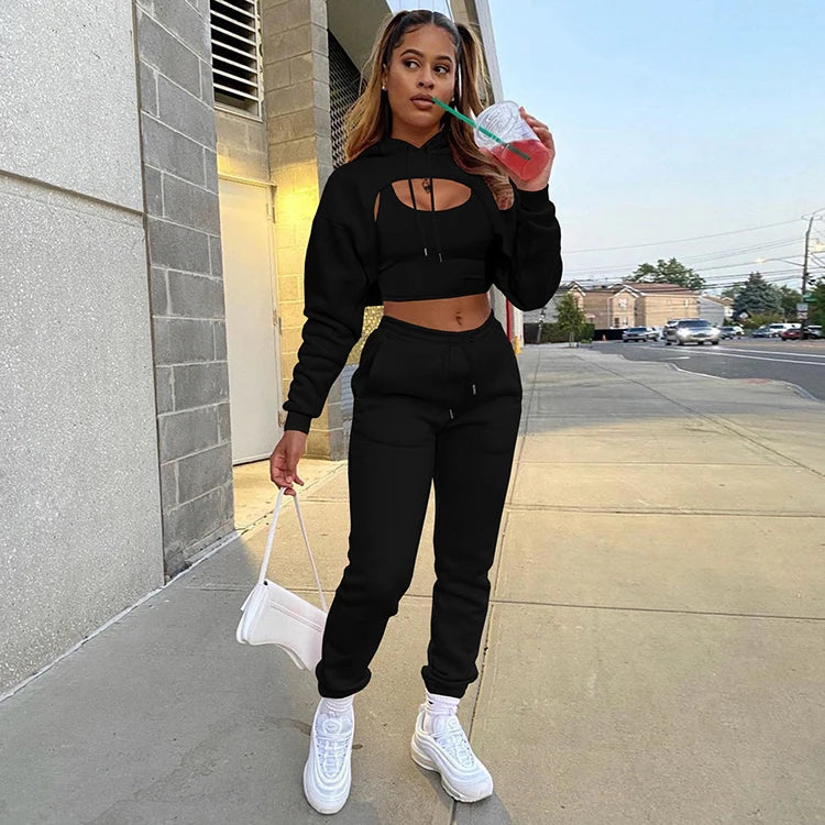 3 PCS Set 10 Colors S-2XL  Autumn Winter Fashion Women Set Custom Fleece Jogger Set Hoodie Vest Pants Tops Outdoor Hiking Tracksuit Leisure Set Streetwear Sports Clothing Supplies