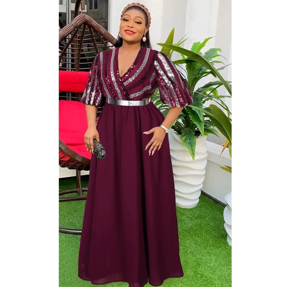 Gold/Silver/Red Color New African Women Plus Size Satin Evening Dresses Wedding Guest Evening Prom Party Luxury Sequin Gown Bodycon Dashiki Ankara Africa Clothing African Ladies Luxury Apparel Supplies