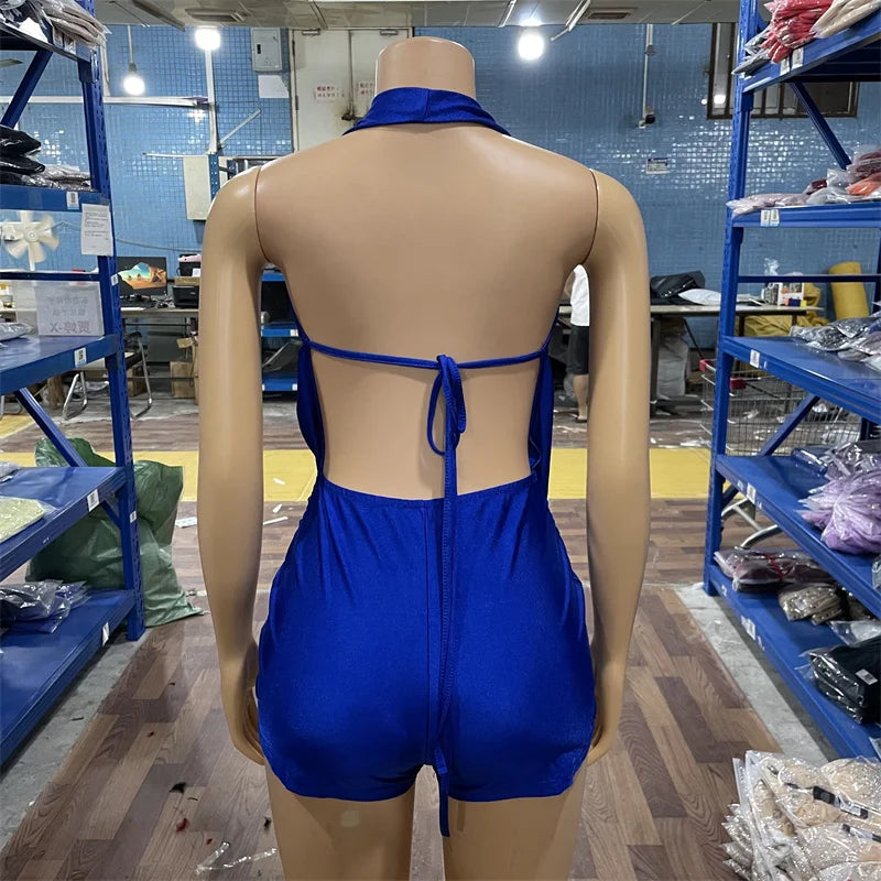 Hot Sexy Woman S-2XL Halter Backless Jumpsuit Sexy Deep V-Neck Rompers Bodycon  New Summer Evening Beach Party Night Clubwear One Piece Romper Short Jumpsuit Bodysuit