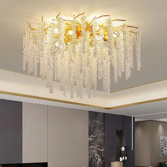 Villa Home Living Room Gold Aluminum Branch Crystal Ceiling Chandelier Light Modern Luxury Tassel Glass Pendant Lamp Living Bedroom Decorative Hanging Lighting Supplies