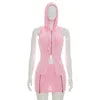 NEW Arrivals 2 PCS Set White/Black/Pink Color Sexy Hot Women's Spring Autumn Summer Hooded Top Sleeveless Zip-Front Slit Splicing Maxi Top with Skirt Suit Streetwear Night Clubwear Evening Party Suit