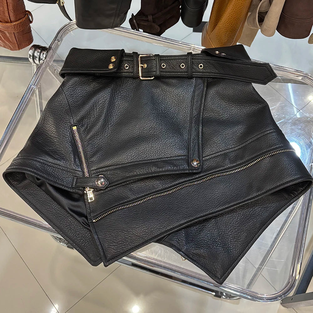 100% Sheepskin Real Genuine Leather Asymmetrical Mini Skirt Black/Burgundy/Pink Color S-3XL Plus Size Fitted Leather Skirt with Belt Women's Real Leather Skirt Autumn Spring Women Luxury Apparel Accessories
