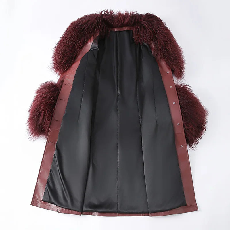 Boutique Gala HOT SALE (Few Units Left)  Real Leather Fur Jacket Black/Gray/Brown/Wine Red Color S-2XL Women Genuine Leather Trench Coat with Detachable Mongolian Natural Raccoon Fur Collar Cuffs Winter Outfits Ladies Luxury