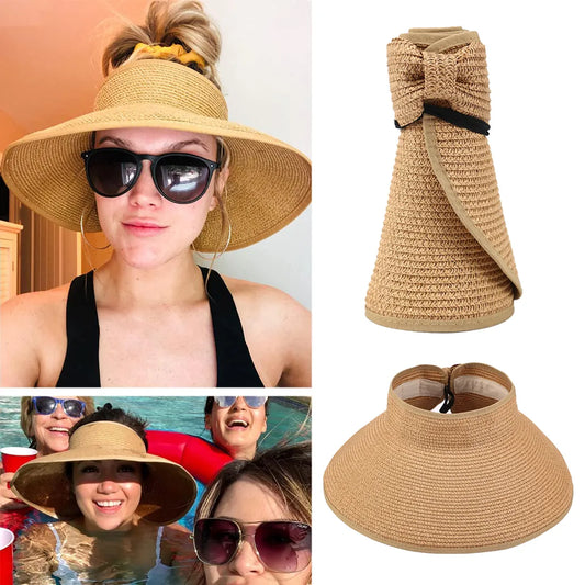 New Women Roll Up Sun Visor Wide Brim Straw Hat Summer Foldable Packable UV Protection Cap for Beach Travel Bonnet