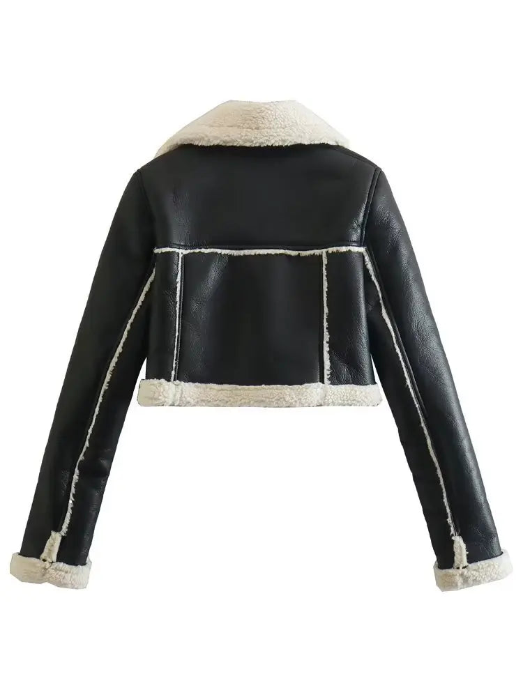 Women's New Fashion Faux Fur One Thickened Deep Warm Brown Double Sided Short PU Leather Jacket Short Coat Girls Autumn Winter Clothing Supplies