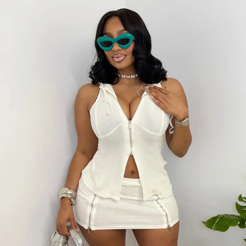 NEW Arrivals 2 PCS Set White/Black/Pink Color Sexy Hot Women's Spring Autumn Summer Hooded Top Sleeveless Zip-Front Slit Splicing Maxi Top with Skirt Suit Streetwear Night Clubwear Evening Party Suit