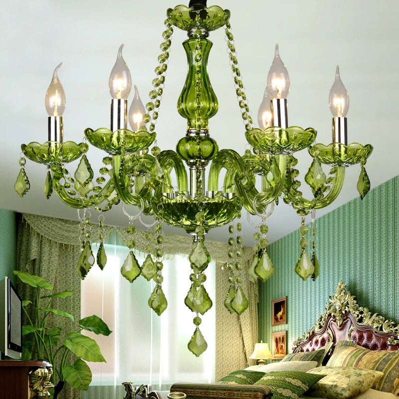 HOT SALE 8/15/18 Lights Villa Home Living Room Maria Theresa European Style Crystal Pendent Lamp Green Candle Lamp Luxurious Living Room Restaurant Bedroom KTV  Bar Art Decoration Lighting Supplies