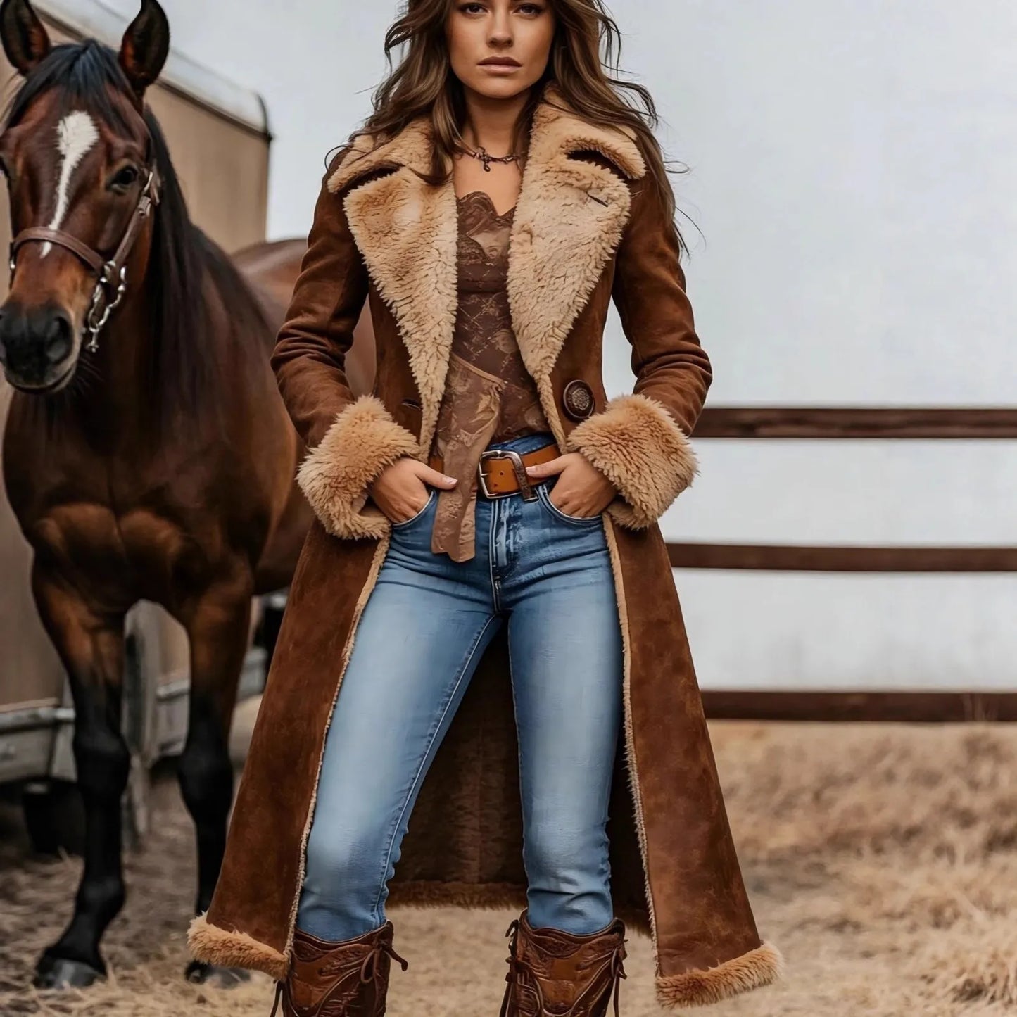 S-3XL Plus Size Winter Fashion Women's Single Breasted Long Fleece Jacket with Integrated Fur-Lining Thickened  Ladies Long Plush Coat Winter Clothing Supplies