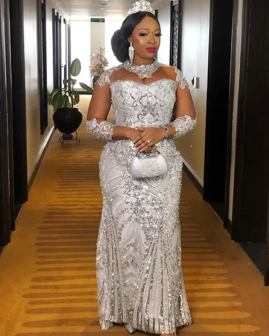 African Mother of Bride Luxury Arabic Aso Ebi White/Ivory Color Silver Lace Beaded Mermaid Floor Length Wedding Dresses High Neck Long Sleeves Bridal Gowns Ladies Luxury Apparel Supplies