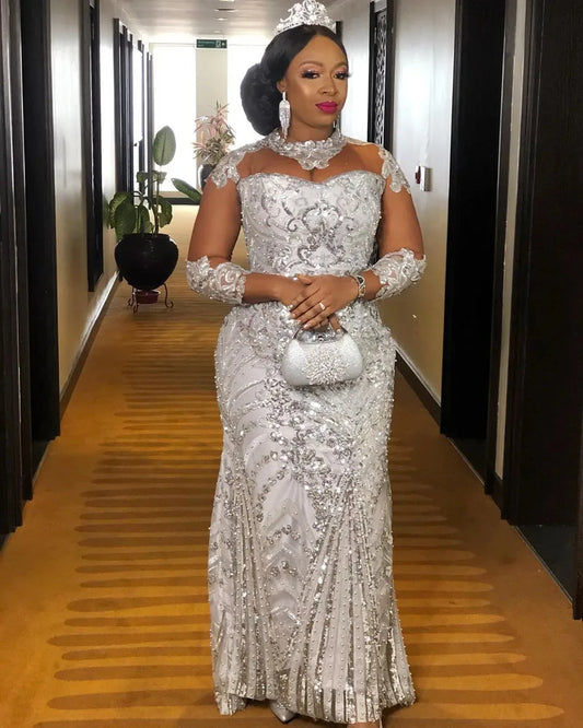 African Mother of Bride Luxury Arabic Aso Ebi White/Ivory Color Silver Lace Beaded Mermaid Floor Length Wedding Dresses High Neck Long Sleeves Bridal Gowns Ladies Luxury Apparel Supplies