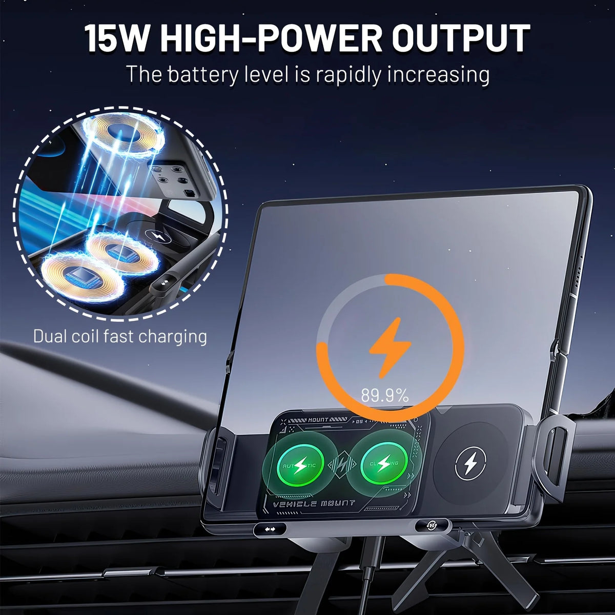Car Vent Wireless Charger Mount, Fast Charging Phone Holder, Auto Rotating Stand for Phones, Supports Up to 15W Fast Charging