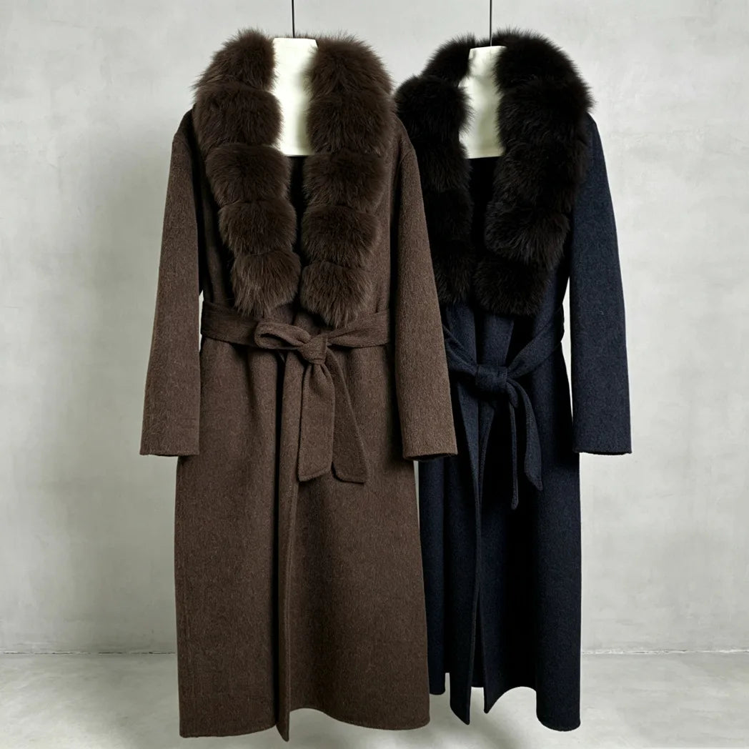 NEW  Autumn/Winter High-End Women's Luxury Thick Cashmere & Wool Material Long Coat Genuine Natural Fox-Fur Collar Extended Length Belt Lacing Slimming Effect Ladies Winter Apparel Clothing Supplies