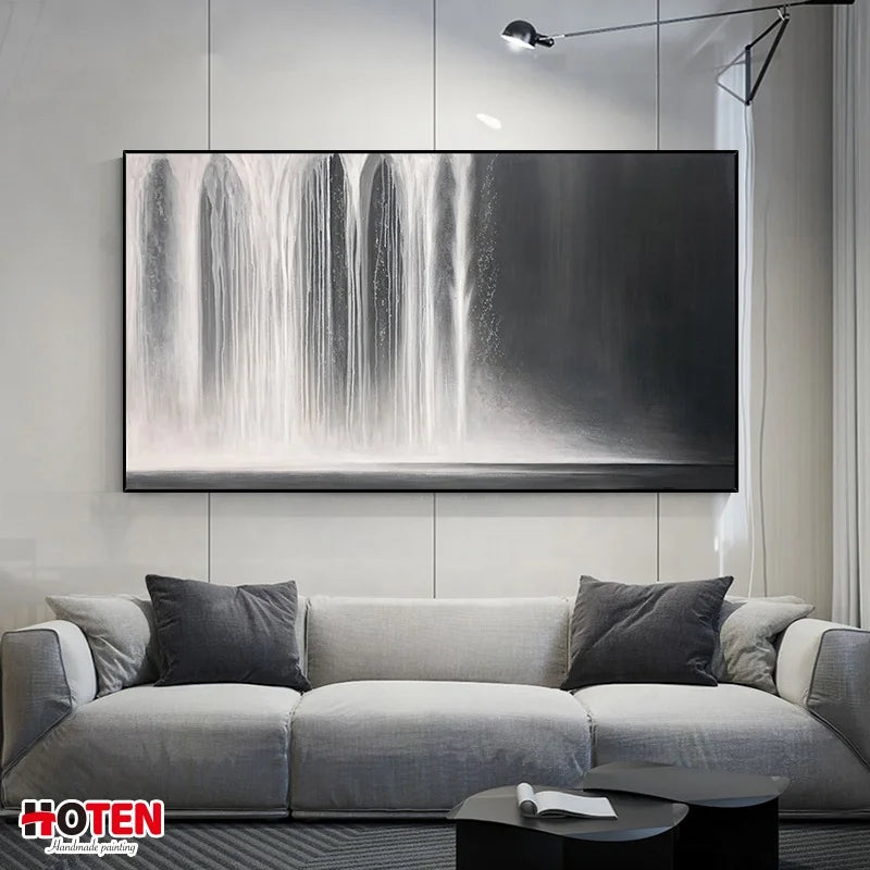 100+% Pure Hand-Painted Home Villa Living Room Original Black and White Abstract Waterfall Oil Painting on Canvas Banner Elegant Seascape Decorative Art Creative Home Gallery Products