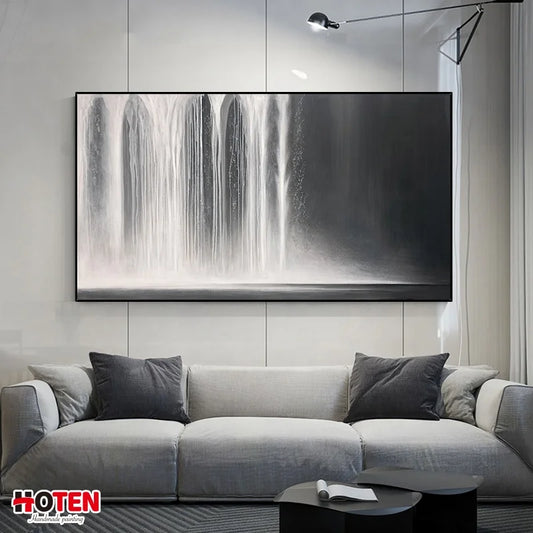 100+% Pure Hand-Painted Home Villa Living Room Original Black and White Abstract Waterfall Oil Painting on Canvas Banner Elegant Seascape Decorative Art Creative Home Gallery Products