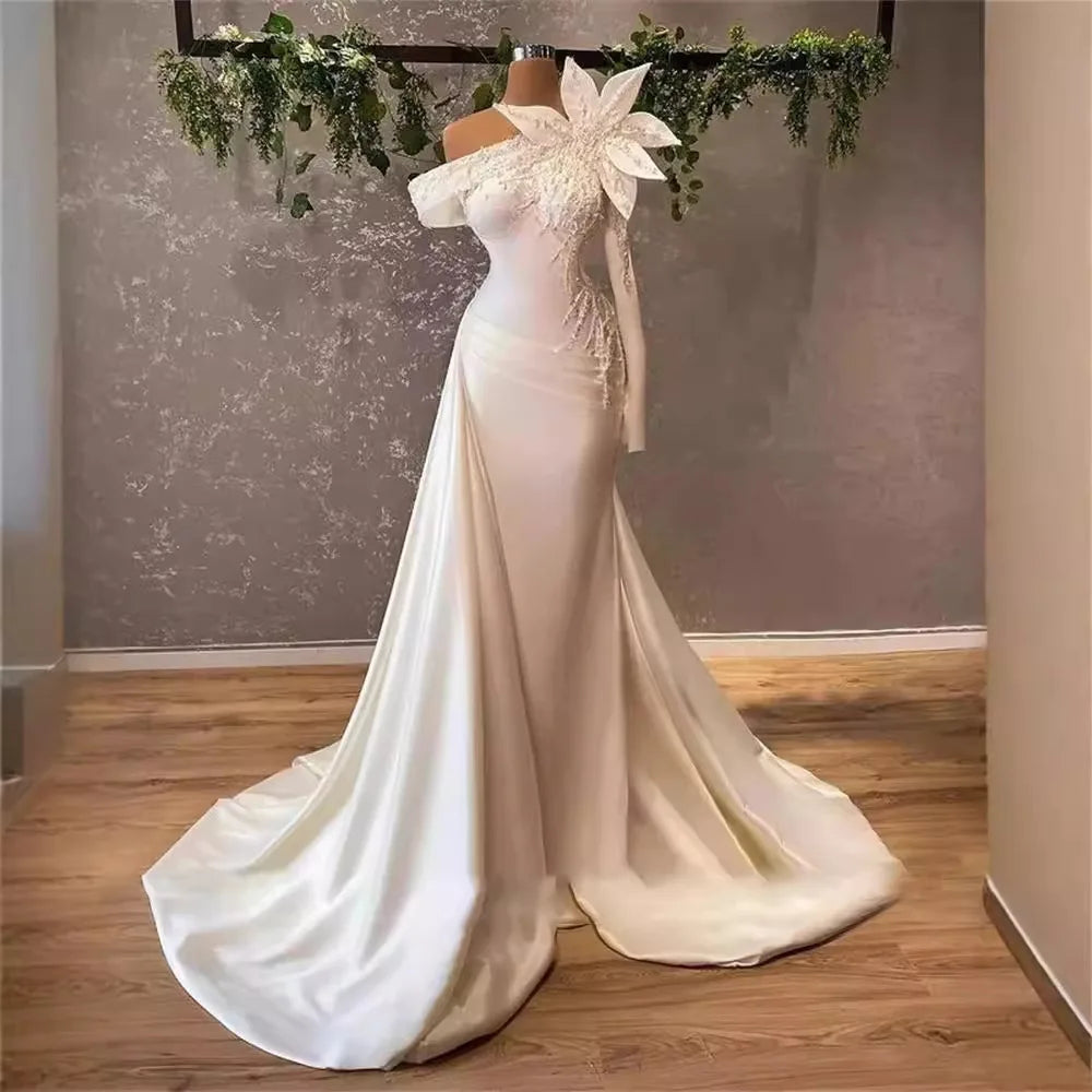 Low Price Sales are Limited Boutique HOT SALE  Luxury Beaded Illusion Bride Wedding Dresses  One Shoulder Bridal Wedding Gowns Lace Detachable Train Long