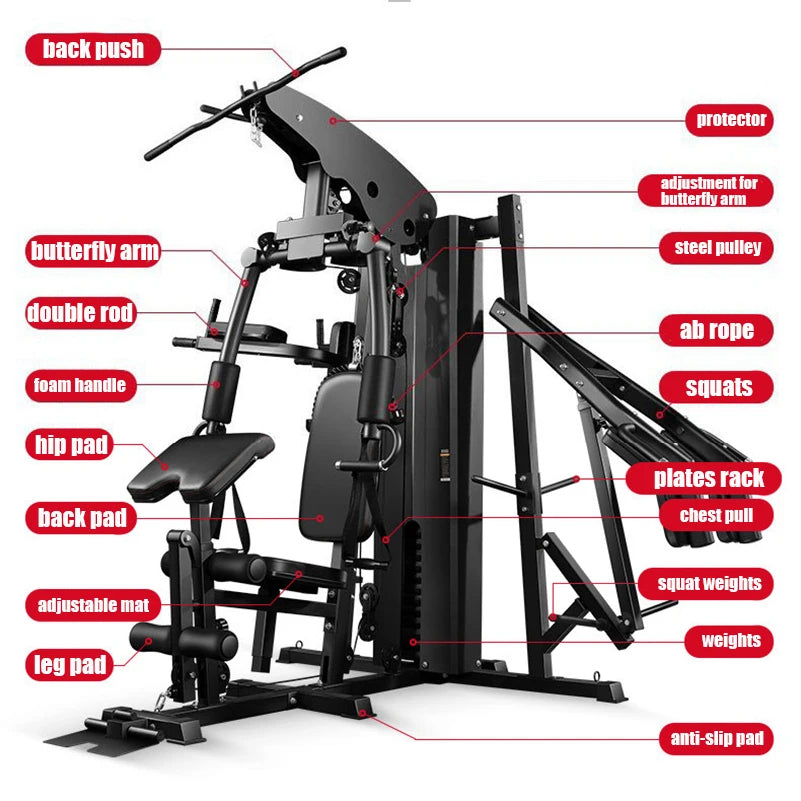 BEST PRICE 3 People Professional Home Gym Station Leather Seats Multi Smith Machine Commercial Bodybuilding Strength Training Multi- Function Station Functional Trainer Gym Machine Heavy Duty System Women Men Sport Supplies