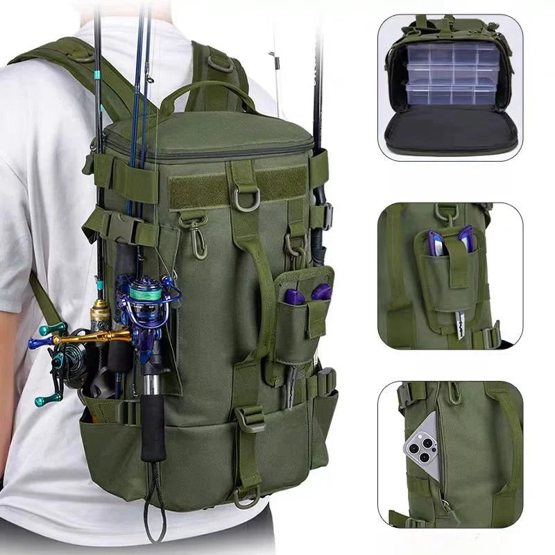 20L-35L Large-Capacity Multi-Functional Outdoor Fishing Bag Water-Repellent Sub-Bag Dry Wet Separation Mountable Fishing Rod Holder Fishing Accessories