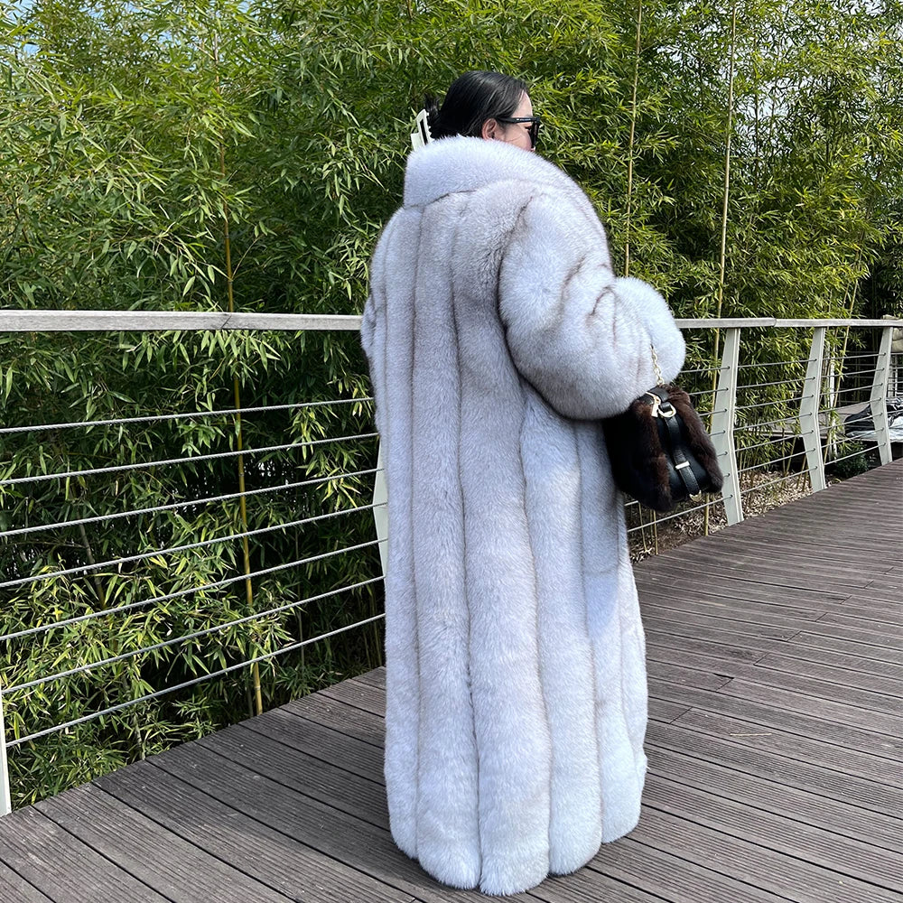 Boutique Gala HOT SALE (Few Units Left)  NEW  Women Winter Luxury Authentic Thick 100% BLUE Fox Fur Long Mink Coat Real Natural Blue Fox Fur Trench Longer Coats Authentic Fox Fur Jacket Best Quality Ladies Luxury Apparel Supp