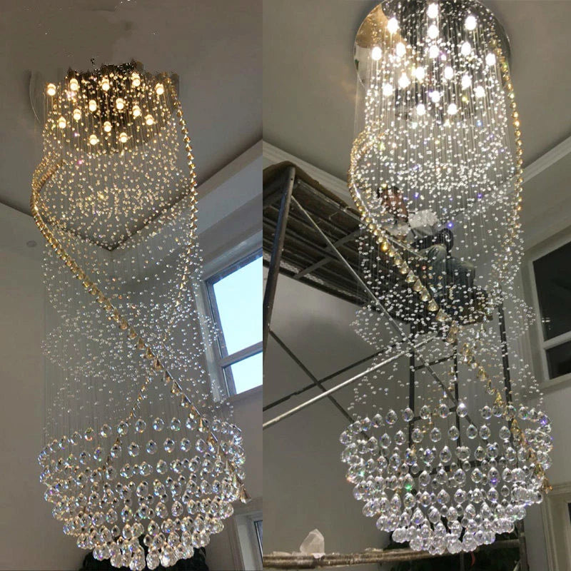 HOT SALE Villa Home Living Room Staircase Luxury K9 Crystal Steel Chrome Double Helix Spiral Chandelier with Rain Drops Diameter 80cm Height 280cm Home Art Decor Lighting Supplies