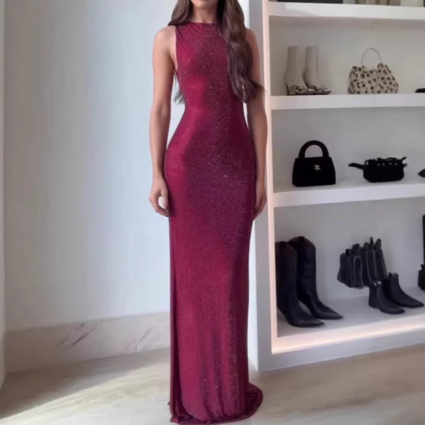 BEST PRICE Top Quality Cashmere Maxi Dress Autumn Winter Spring Fashion Women's  Sleeveless Sequin Back-Slit Sexy Floor-Length Pencil Dress Wedding Guest Evening Party Night Business Clubwear Prom Gowns