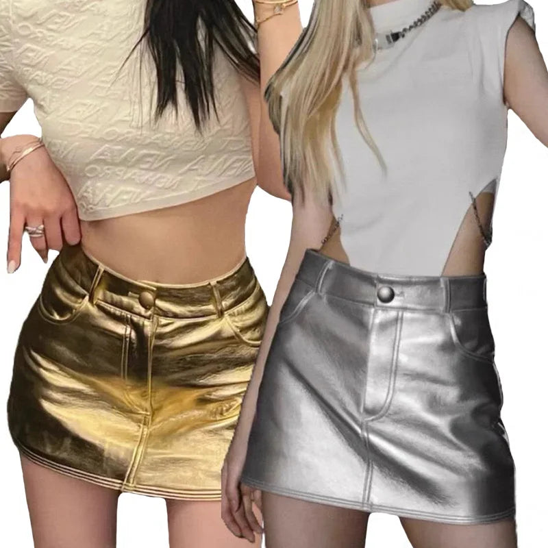 100% Genuine Sheepskin Leather Black/Gold/Silvery Color Luxury Shiny Leather Skirts Customized Size Color Women Leather Mini Skirt S-2XL Top Quality Evening Party Night Clubwear Mini Leather Skirts