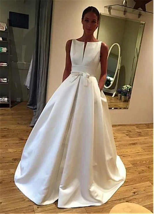 NEW Arrivals Simple A-Line Boho Beach Women Female Wedding Dresses V-Neck with Bow Sleeveless Bridal Gown Plus Size Vintage Princess Wedding Party Dress Girls Ladies Luxury Fashion Clothing Supplies