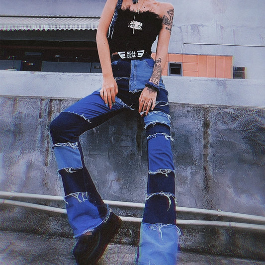 Flexible High Waist Jeans Women Casual Long Trouses Ladies Patchwork Fashion Denim Pants Capris Pocket Streetwear