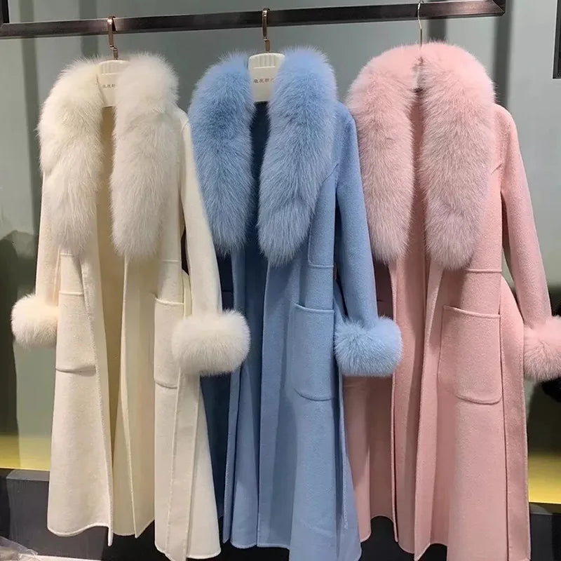 Boutique Gala HOT SALE S-4XL Plus Size Winter Warm Alpaca Real Sheep Wool Long Coats Women Real Cashmere Wool Coat With Detachable Natural Fox Fur Collar Cuffs Outerwear Jackets Ladies Luxury Apparel Supplies