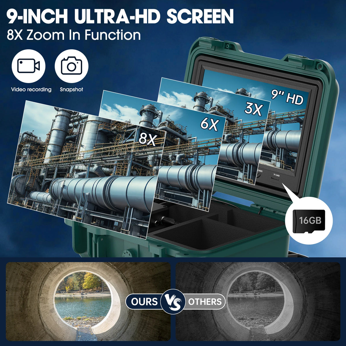 BEST PRICE Top Quality 23mm Lens 20/30/50M 1080P CMOS H.265 Sewer Drain Camera Night Vision Video Photo Recording IP68 DVR 16GB Pipeline Industrial Endoscope WI-FI Keyboard 9inch Underwater Inspection Pipe