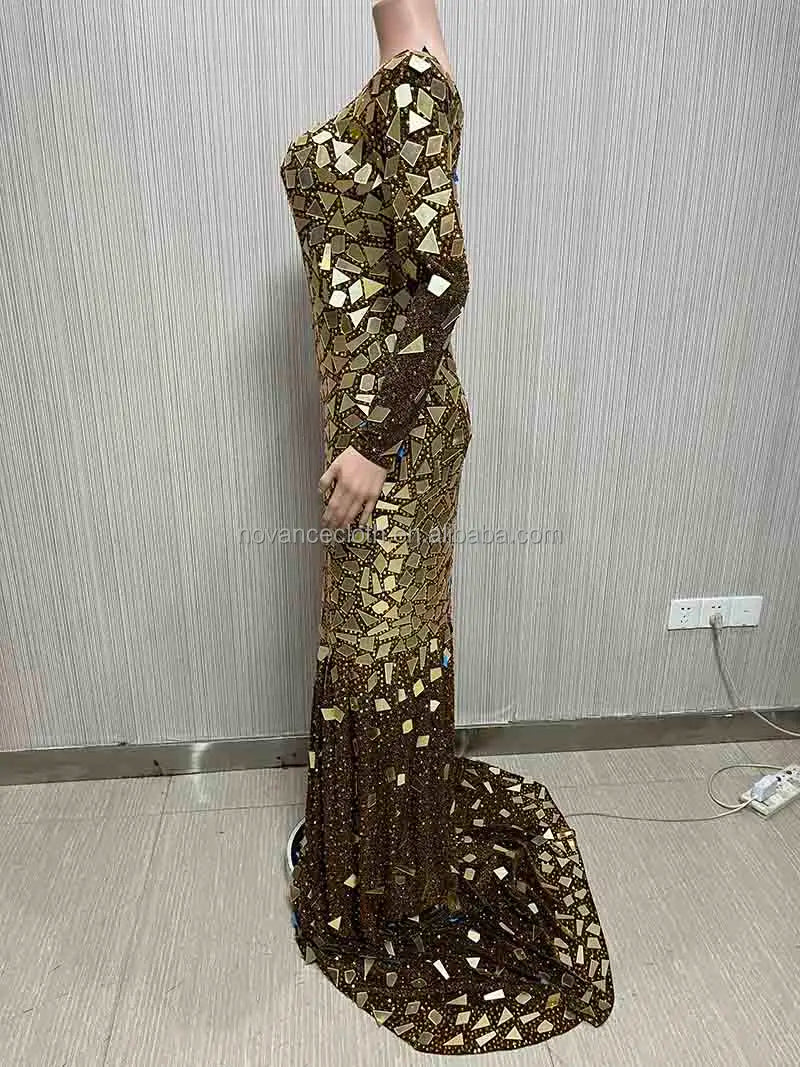 Luxury Mirror Glitter  Women  New Sexy High Slit Glittering Mirror Sequins Gold Dress Autumn Winter Spring Woman Dresses With Long Elegant Sweep Train Night Clubwear Prom Evening Party Luxury Maxi Gown