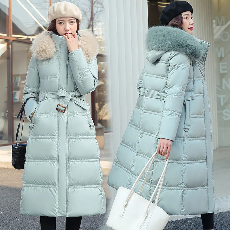2025 Winter New Down Cotton Jacket Women's X-Long Faux Fur Collar Padded Jacket Thick Loose Large Size Jacket