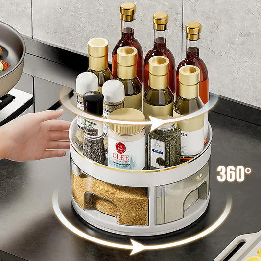 NEW Design Modern 2 Layers Rotating  Powder Coated Sustainable Mobile Kitchen Table Condiment Rack Storage for Salt Sauce Vinegar Glass Bottles Tableware Accessories Preparing Cooking Tools