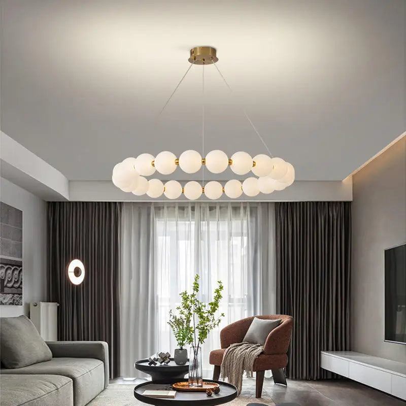 Home Living Room D23.6in French Magic Bean Acrylic Balls Chandelier Art Pearl Necklace Design Ring Pendant Lamp Living Dining Room White Light Home Lighting Supplies