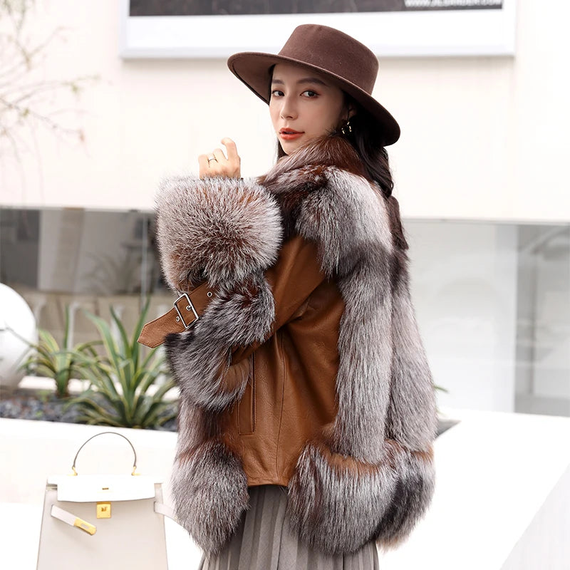 NEW Design  Fashionable Women's Winter Natural Fox Fur Outfit Real Fox Fur Jacket with Authentic Sheep Leather Girls Luxury Apparel Accessories Winter Clothing Supplies