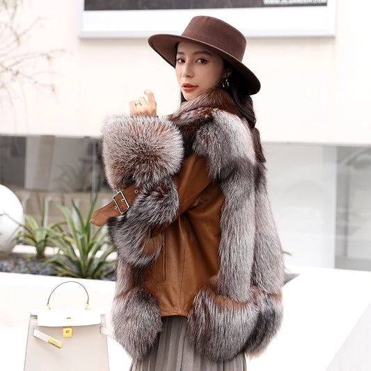NEW Design  Fashionable Women's Winter Natural Fox Fur Outfit Real Fox Fur Jacket with Authentic Sheep Leather Girls Luxury Apparel Accessories Winter Clothing Supplies