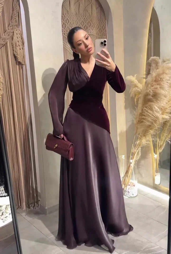 NEW Luxury Ankle-Length Slim-Fit Elegant V-Neck Long Sleeve Arabic Turkish Abaya Dresses for Muslim Women Birthday Evening Party & Wedding Guest Evening Wear Muslims Apparel Clothing Supplies