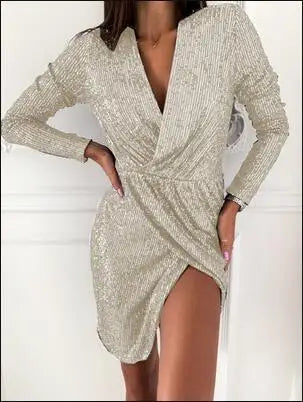10 Colors S-3XL Plus Size Golden Silver Glitter Luxury Dresses for Women Deep V-Neck Sequin Mini Bodycon Dress Four Seasons Long Sleeve Evening Party Dress Night Clubwear Prom Gowns