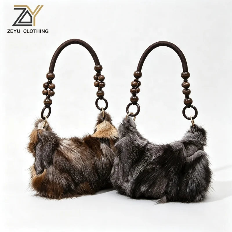 NEW Fashion Artificial Fox Fur Patchwork Underarm Bag Wooden Beaded Strap Women Fluffy Shoulder Purse Eco Faux Fur Handbag Women Apparel Accessories