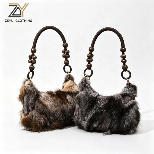 NEW Fashion Artificial Fox Fur Patchwork Underarm Bag Wooden Beaded Strap Women Fluffy Shoulder Purse Eco Faux Fur Handbag Women Apparel Accessories